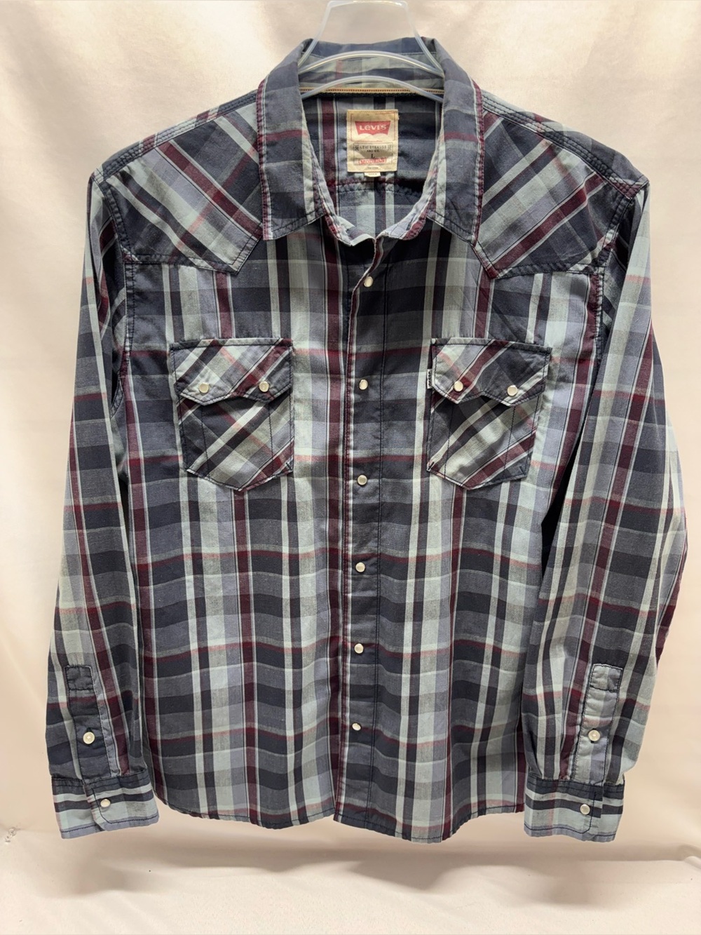 Levi’s Modern Western Pearl Snap Shirt Mens Large Gray Plaid Long Sleeve Cotton